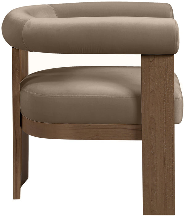 Meridian Furniture Arienzo Art Deco Velvet Accent Chair Sculptural Curved Back Walnut Wood Legs Lounge Seat Taupe Style A 33016Taupe
