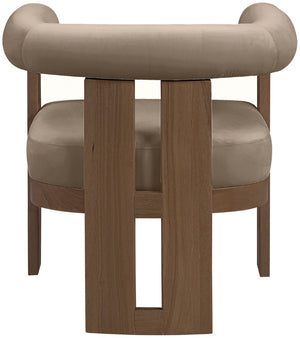 Meridian Furniture Arienzo Art Deco Velvet Accent Chair Sculptural Curved Back Walnut Wood Legs Lounge Seat Taupe Style A 33016Taupe