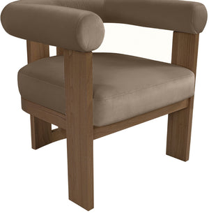 Meridian Furniture Arienzo Art Deco Velvet Accent Chair Sculptural Curved Back Walnut Wood Legs Lounge Seat Taupe Style A 33016Taupe