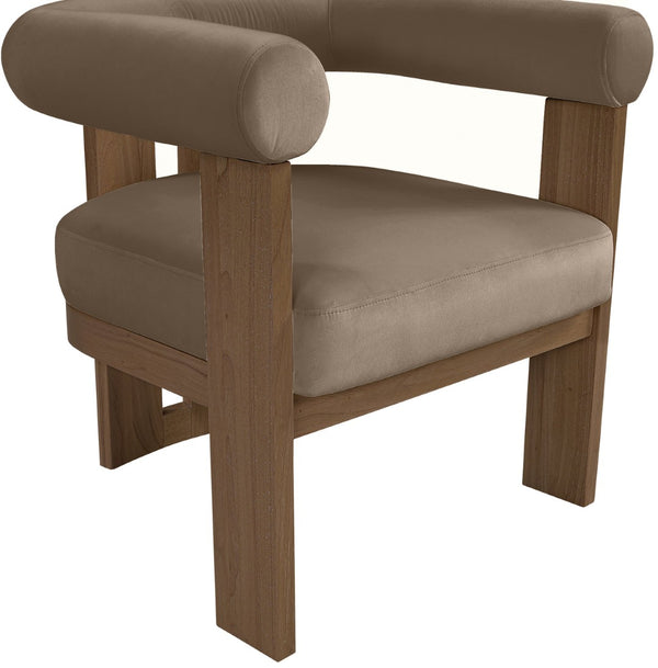 Meridian Furniture Arienzo Art Deco Velvet Accent Chair Sculptural Curved Back Walnut Wood Legs Lounge Seat Taupe Style A 33016Taupe