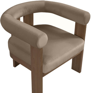 Meridian Furniture Arienzo Art Deco Velvet Accent Chair Sculptural Curved Back Walnut Wood Legs Lounge Seat Taupe Style A 33016Taupe