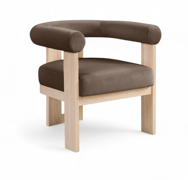 Meridian Furniture Arienzo Art Deco Velvet Accent Chair Sculptural Curved Back Walnut Wood Legs Lounge Seat Brown Style B 33017Brown