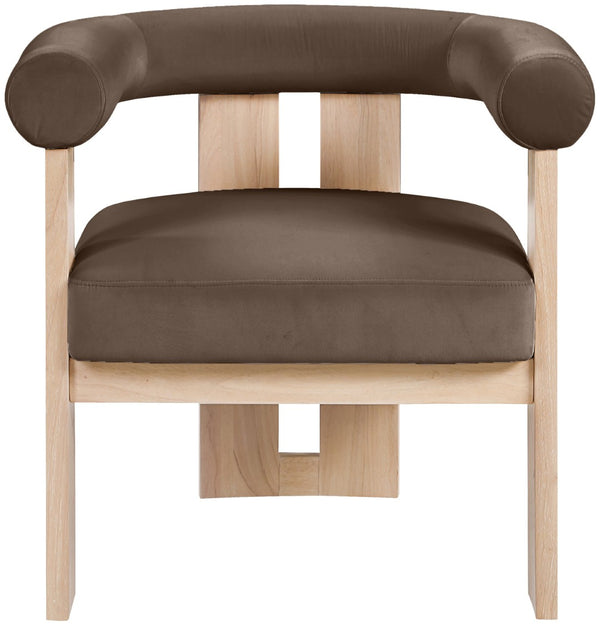 Meridian Furniture Arienzo Art Deco Velvet Accent Chair Sculptural Curved Back Walnut Wood Legs Lounge Seat Brown Style B 33017Brown