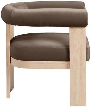 Meridian Furniture Arienzo Art Deco Velvet Accent Chair Sculptural Curved Back Walnut Wood Legs Lounge Seat Brown Style B 33017Brown