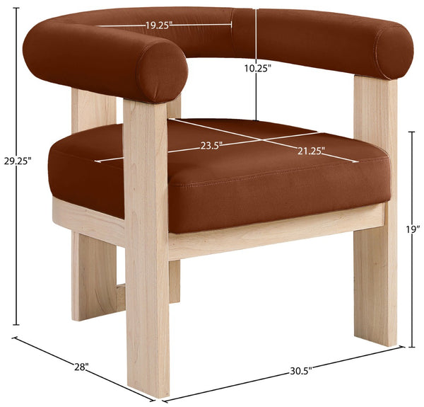 Meridian Furniture Arienzo Art Deco Velvet Accent Chair Sculptural Curved Back Walnut Wood Legs Lounge Seat Cognac Style B 33017Cognac