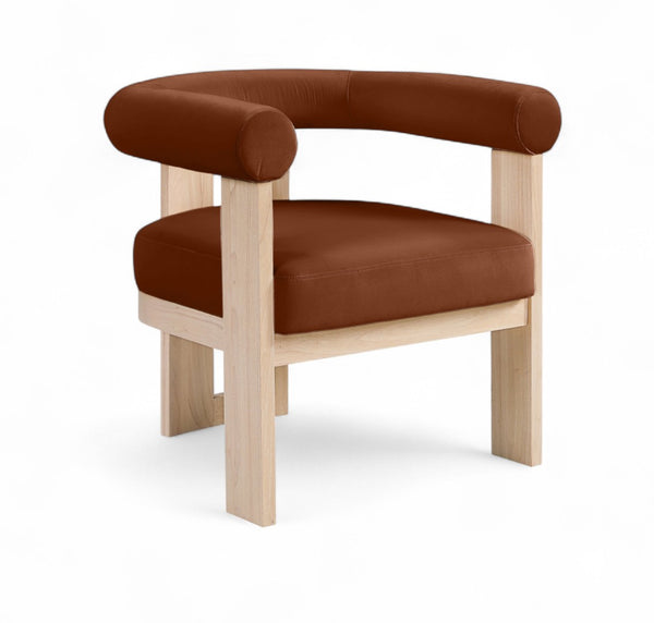 Meridian Furniture Arienzo Art Deco Velvet Accent Chair Sculptural Curved Back Walnut Wood Legs Lounge Seat Cognac Style B 33017Cognac