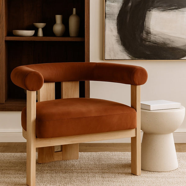 Meridian Furniture Arienzo Art Deco Velvet Accent Chair Sculptural Curved Back Walnut Wood Legs Lounge Seat Cognac Style B 33017Cognac