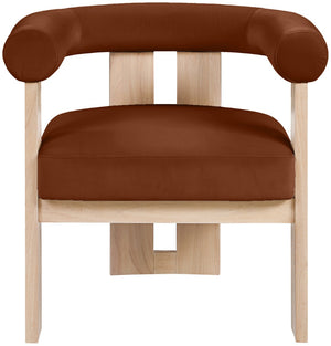 Meridian Furniture Arienzo Art Deco Velvet Accent Chair Sculptural Curved Back Walnut Wood Legs Lounge Seat Cognac Style B 33017Cognac