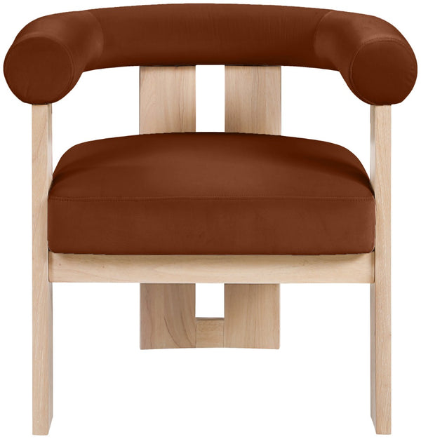 Meridian Furniture Arienzo Art Deco Velvet Accent Chair Sculptural Curved Back Walnut Wood Legs Lounge Seat Cognac Style B 33017Cognac