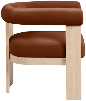Meridian Furniture Arienzo Art Deco Velvet Accent Chair Sculptural Curved Back Walnut Wood Legs Lounge Seat Cognac Style B 33017Cognac