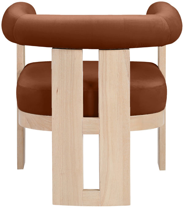 Meridian Furniture Arienzo Art Deco Velvet Accent Chair Sculptural Curved Back Walnut Wood Legs Lounge Seat Cognac Style B 33017Cognac