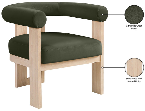 Meridian Furniture Arienzo Art Deco Velvet Accent Chair Sculptural Curved Back Walnut Wood Legs Lounge Seat Green Style B 33017Green