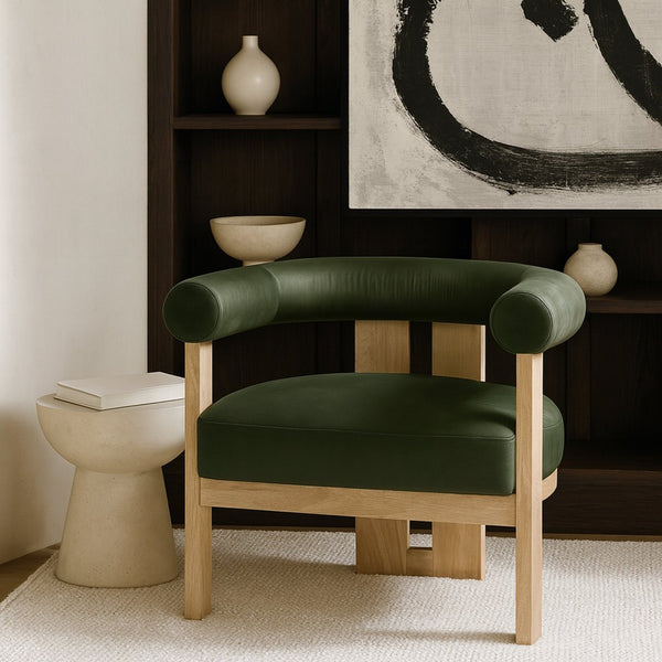 Meridian Furniture Arienzo Art Deco Velvet Accent Chair Sculptural Curved Back Walnut Wood Legs Lounge Seat Green Style B 33017Green