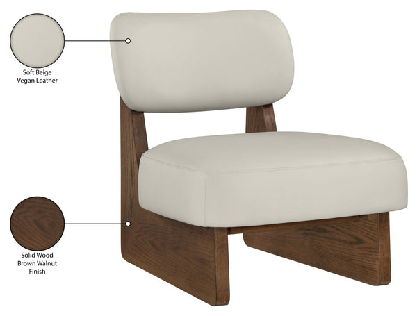 Meridian Furniture Vetra Sculptural Vegan Leather Accent Chair with Solid Walnut Wood Base for Living Rooms 33019Beige