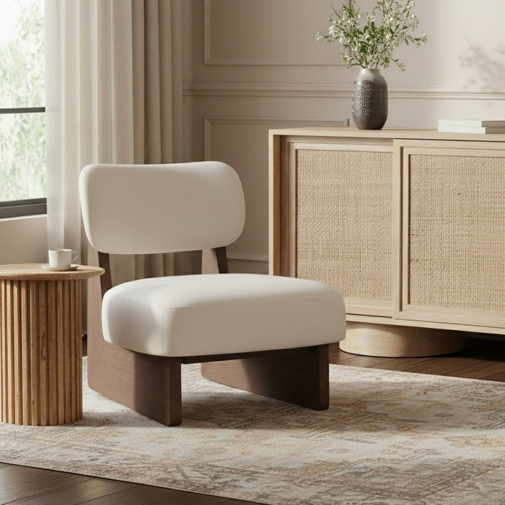 Meridian Furniture Vetra Sculptural Vegan Leather Accent Chair with Solid Walnut Wood Base for Living Rooms 33019Beige