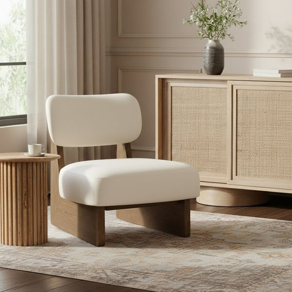 Meridian Furniture Vetra Sculptural Low Profile Accent Chair Cream Vegan Leather Walnut Wood Base 33019Cream