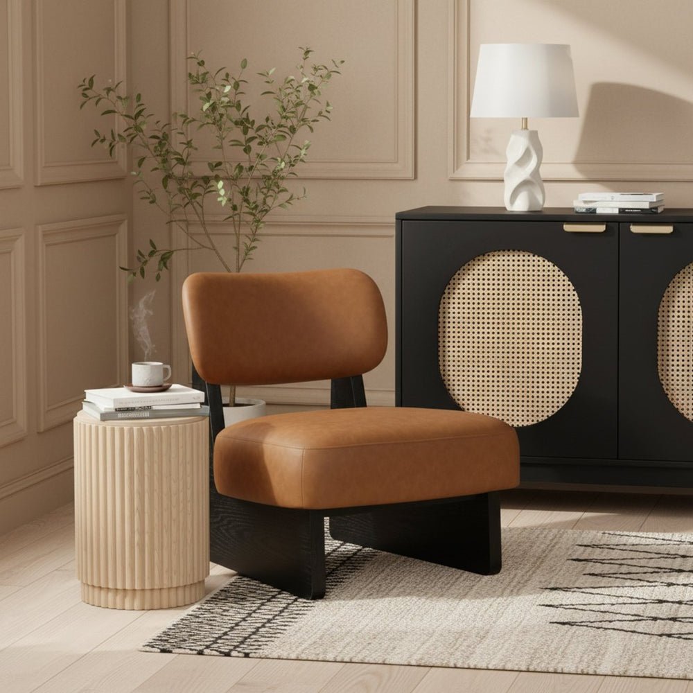 Meridian Furniture Vetra Sculptural Low-profile Vegan Leather Accent Chair with Matte Black Wood Base 33020Cognac