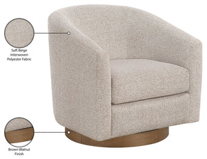 Meridian Furniture Modra Woven Polyester Swivel Accent Chair with Walnut Base for Modern Living Room Seating Beige 33021Beige