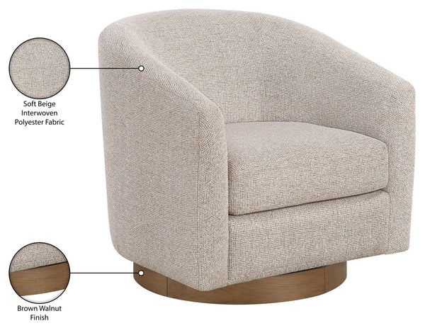 Meridian Furniture Modra Woven Polyester Swivel Accent Chair with Walnut Base for Modern Living Room Seating Beige 33021Beige