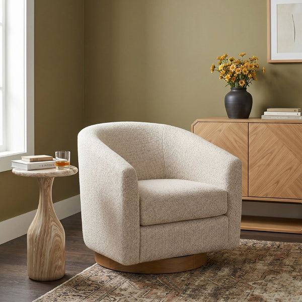 Meridian Furniture Modra Woven Polyester Swivel Accent Chair with Walnut Base for Modern Living Room Seating Beige 33021Beige