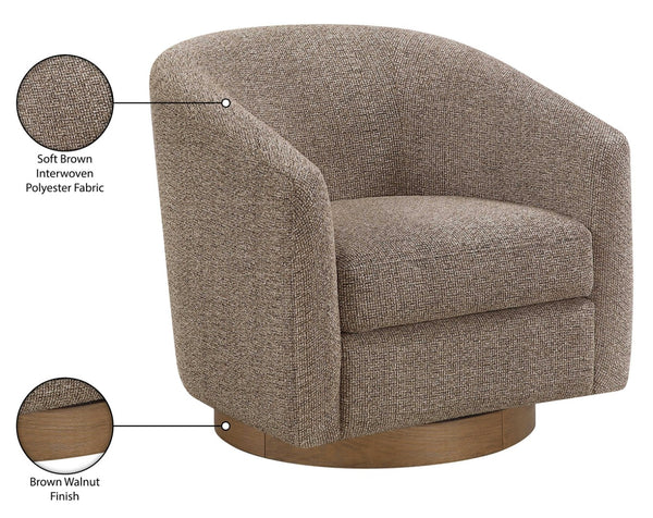Meridian Furniture Modra Woven Polyester Swivel Accent Chair with Walnut Base for Modern Living Room Seating Brown 33021Brown