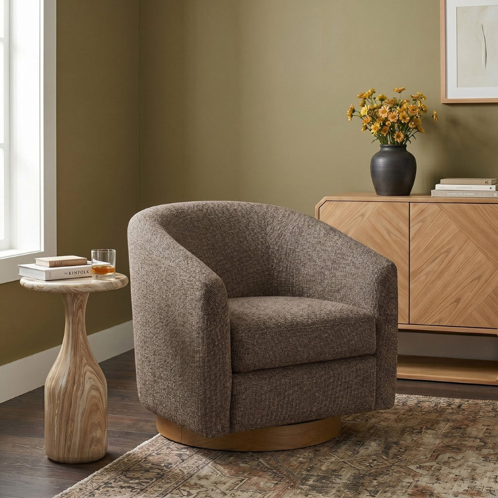 Meridian Furniture Modra Woven Polyester Swivel Accent Chair with Walnut Base for Modern Living Room Seating Brown 33021Brown