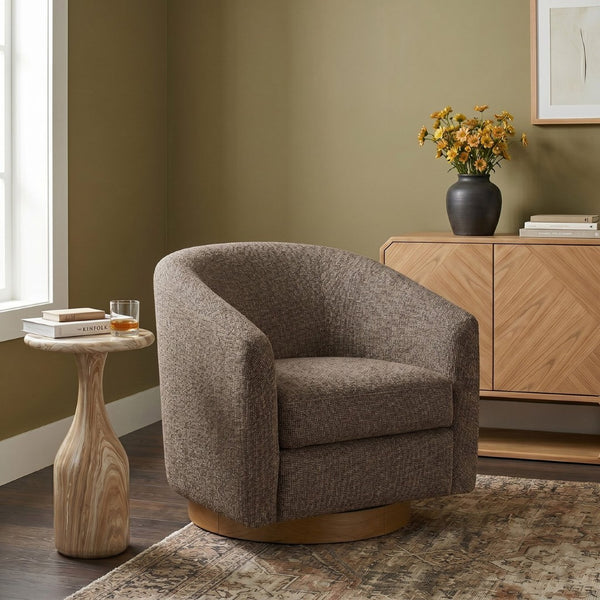Meridian Furniture Modra Woven Polyester Swivel Accent Chair with Walnut Base for Modern Living Room Seating Brown 33021Brown