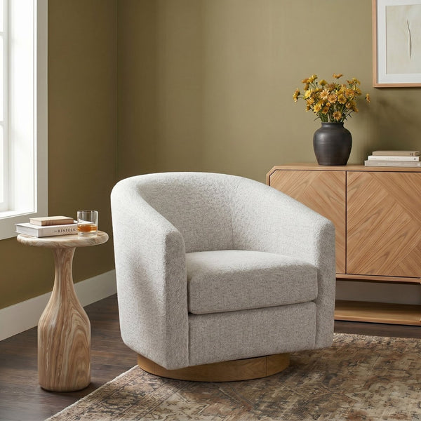 Meridian Furniture Modra Woven Polyester Swivel Accent Chair with Walnut Base for Modern Living Room Seating Cream 33021Cream
