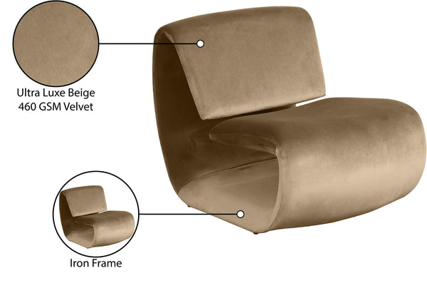 Meridian Furniture Nouveau Sculptural Velvet Accent Chair with Organic Curved Form for Modern Living Rooms Beige 33022Beige