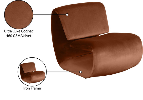 Meridian Furniture Nouveau Sculptural Velvet Accent Chair with Organic Curved Form for Modern Living Rooms Cognac 33022Cognac