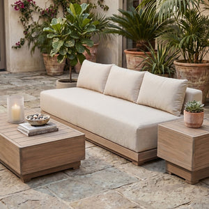 Meridian Furniture Solace Modular Outdoor Patio Sofa with Acacia Wood Frame and Weather Resistant Cushions Beige 33026Beige-S