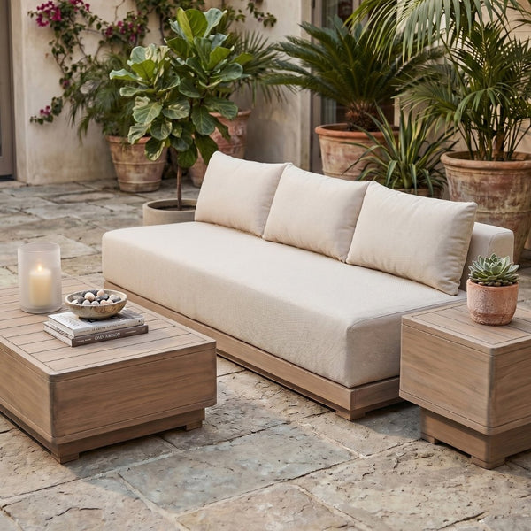 Meridian Furniture Solace Modular Outdoor Patio Sofa with Acacia Wood Frame and Weather Resistant Cushions Beige 33026Beige-S