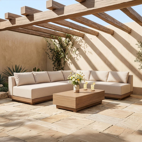 Meridian Furniture Solace Outdoor Modular Sectional Acacia Frame Olefin Fabric Patio Seating Set 33026Beige-Sec3A