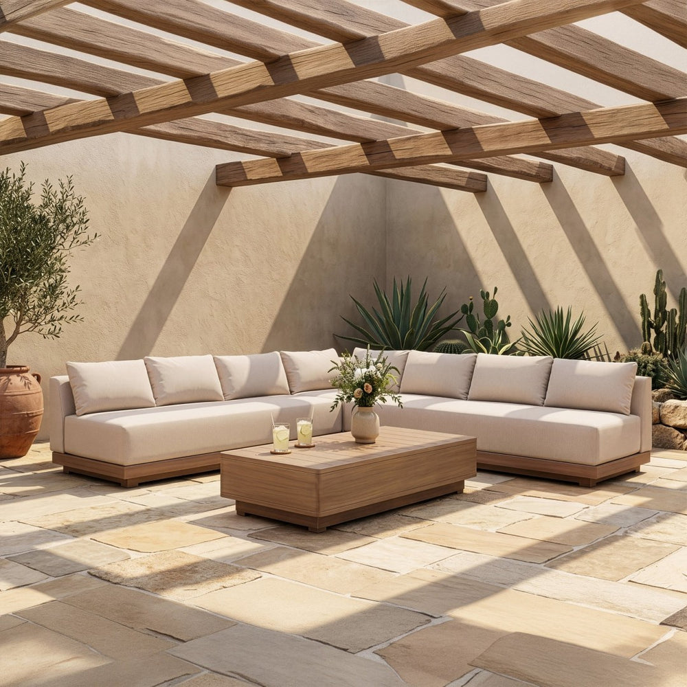 Meridian Furniture Solace Three Piece Modular Outdoor Sectional with Acacia Frame and Olefin Cushions 33026Beige-Sec3B