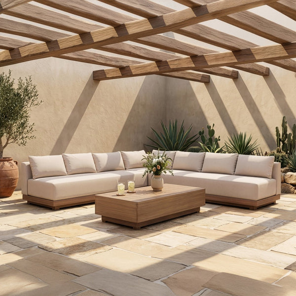 Meridian Furniture Solace Three Piece Modular Outdoor Sectional with Acacia Frame and Olefin Cushions 33026Beige-Sec3B