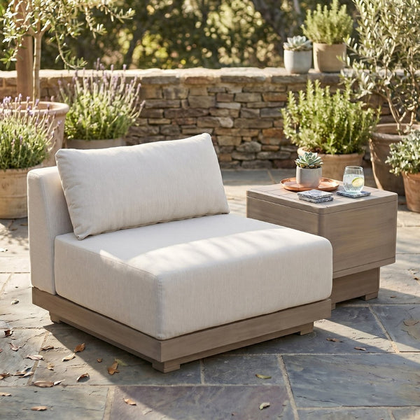 Meridian Furniture Solace Modular Armless Patio Chair Acacia Wood Frame with Olefin Cushion for Outdoor Seating Cream 33026Cream-Chair