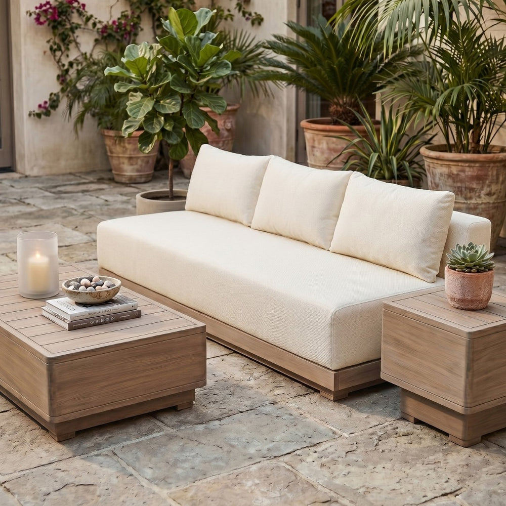 Meridian Furniture Solace Modular Outdoor Patio Sofa with Acacia Wood Frame and Weather Resistant Cushions Cream 33026Cream-S