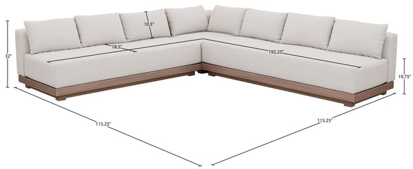 Meridian Furniture Solace Three Piece Acacia Wood Modular Outdoor Sectional with Olefin Performance Cushions 33026Cream-Sec3B