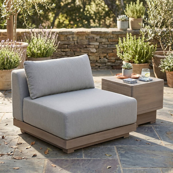 Meridian Furniture Solace Modular Armless Patio Chair Acacia Wood Frame with Olefin Cushion for Outdoor Seating Grey 33026Grey-Chair