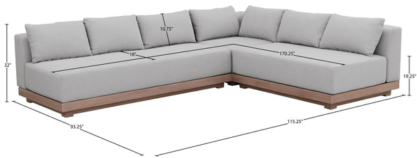 Meridian Furniture Solace Three Piece Outdoor Modular Sectional with Acacia Frame and Olefin Cushions 33026Grey-Sec3A