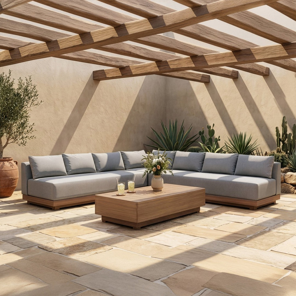 Meridian Furniture Solace Outdoor Modular Sectional Acacia Frame Grey Olefin Patio Seating Set 33026Grey-Sec3B