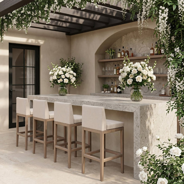 Meridian Furniture Solace Acacia Wood Outdoor Bar Stool with Olefin Cushion for Patio Dining and Kitchen Use Beige 33027Beige-C