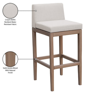 Meridian Furniture Solace Acacia Wood Outdoor Bar Stool with Olefin Cushion for Patio Dining and Kitchen Use Cream 33027Cream-C