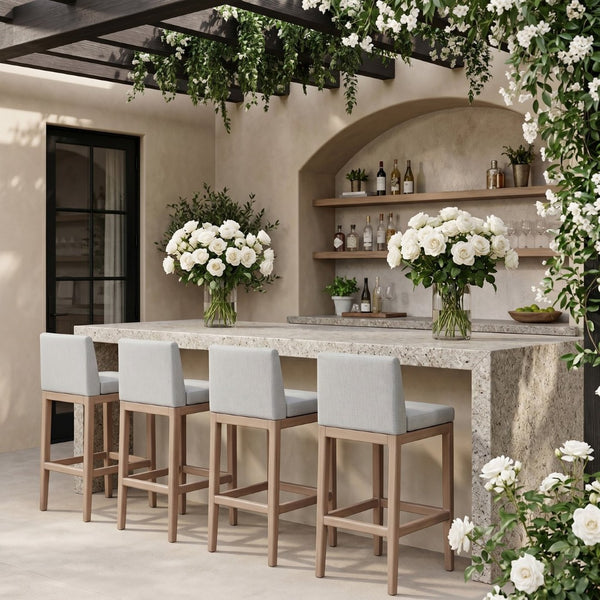 Meridian Furniture Solace Acacia Wood Outdoor Bar Stool with Olefin Cushion for Patio Dining and Kitchen Use Grey 33027Grey-C