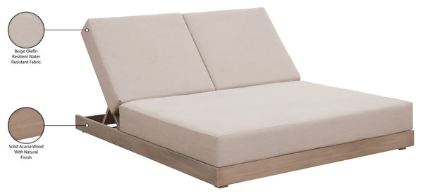 Meridian Furniture Solace Acacia Wood Double Outdoor Chaise Lounger with Cushions for Patio Pool Deck Beige 33029Beige