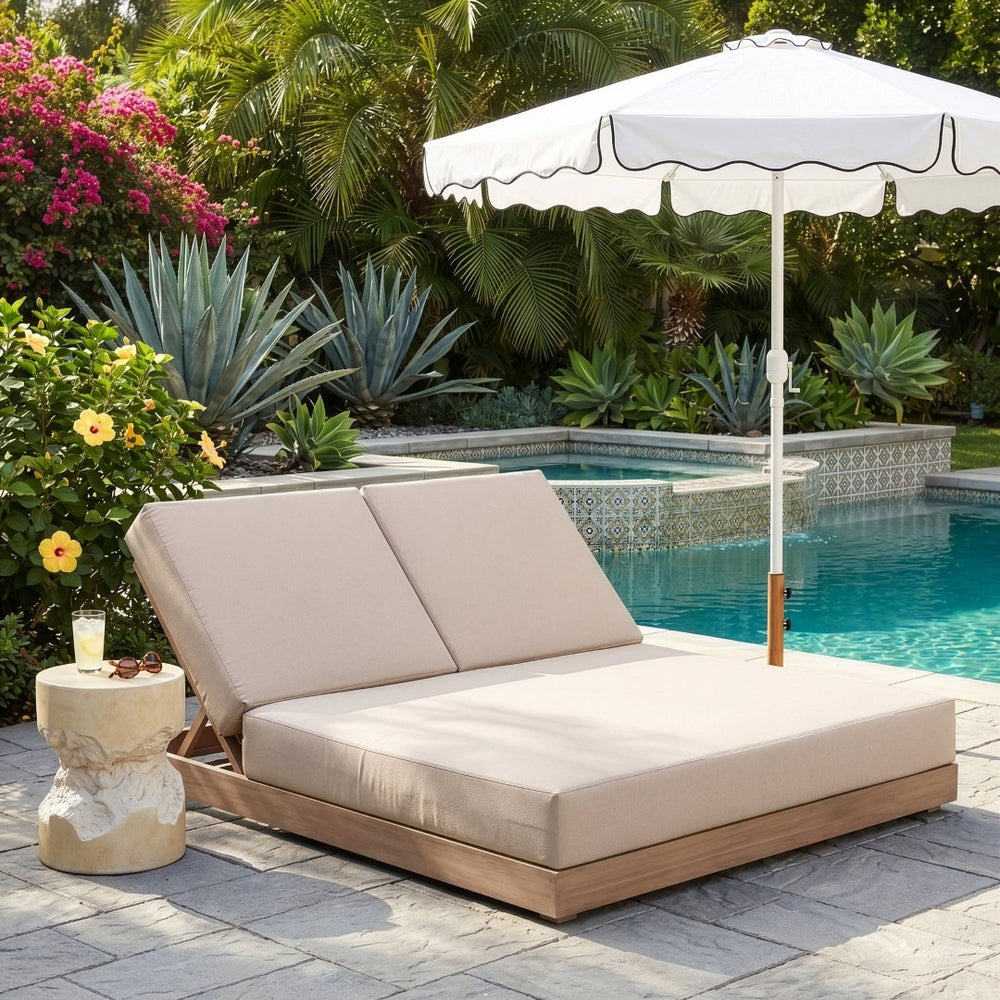 Meridian Furniture Solace Acacia Wood Double Outdoor Chaise Lounger with Cushions for Patio Pool Deck Beige 33029Beige