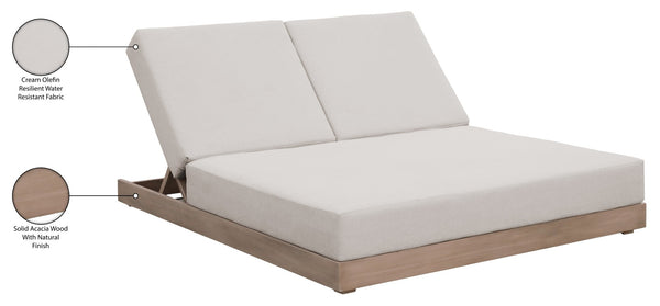 Meridian Furniture Solace Acacia Wood Double Outdoor Chaise Lounger with Cushions for Patio Pool Deck Cream 33029Cream