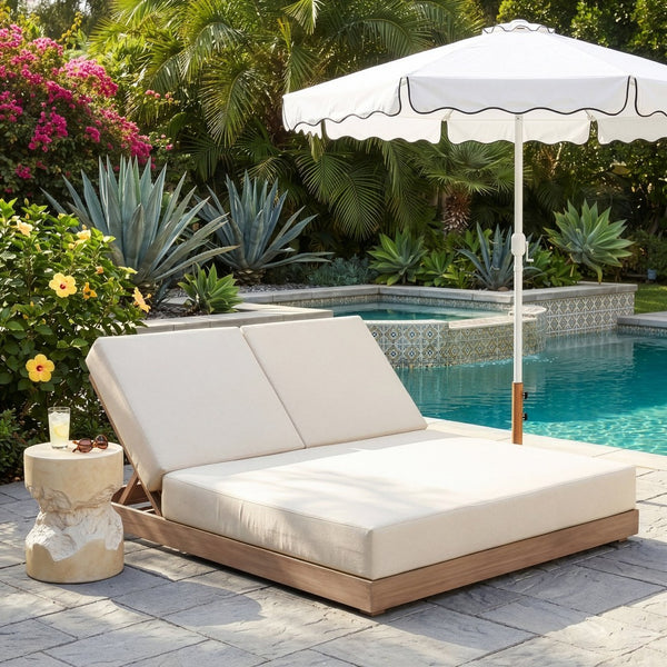 Meridian Furniture Solace Acacia Wood Double Outdoor Chaise Lounger with Cushions for Patio Pool Deck Cream 33029Cream