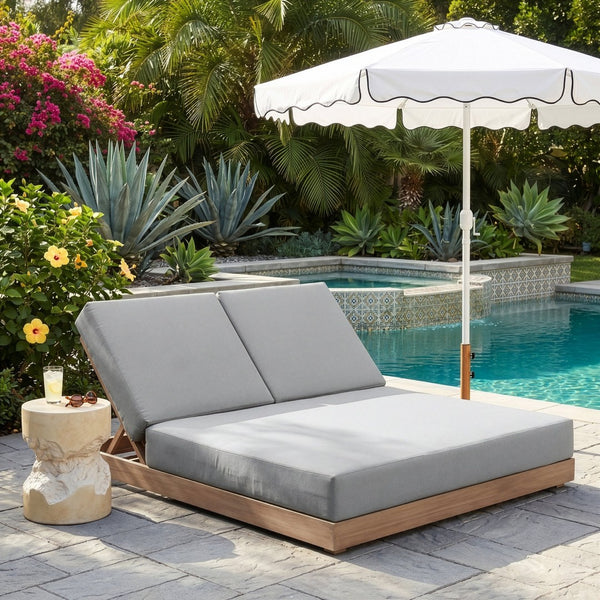 Meridian Furniture Solace Acacia Wood Double Outdoor Chaise Lounger with Cushions for Patio Pool Deck Grey 33029Grey