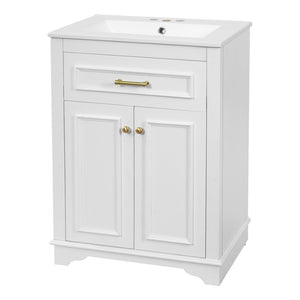 English Elm 24" Matte Single Sink Vanity Solid Poplar Frame Gold Hardware Soft Close Cabinet White N710P389449K